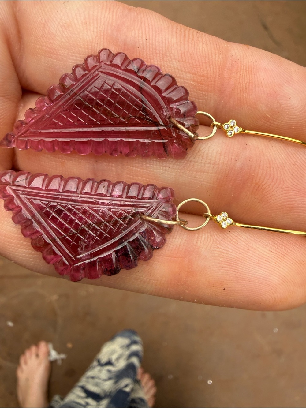 25.80ctw solid 14k gold genuine hand carved tourmaline/ diamond earrings - Picture 13 of 16